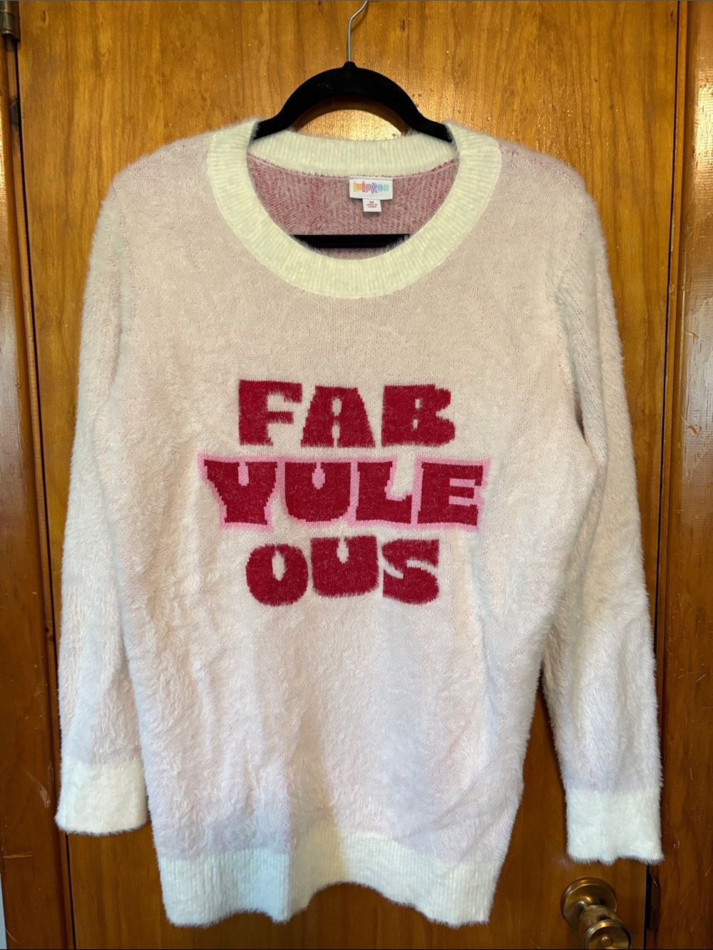 LuLaRoe Cream Fuzzy Crewneck Sweater with Red Lettering - Size M
